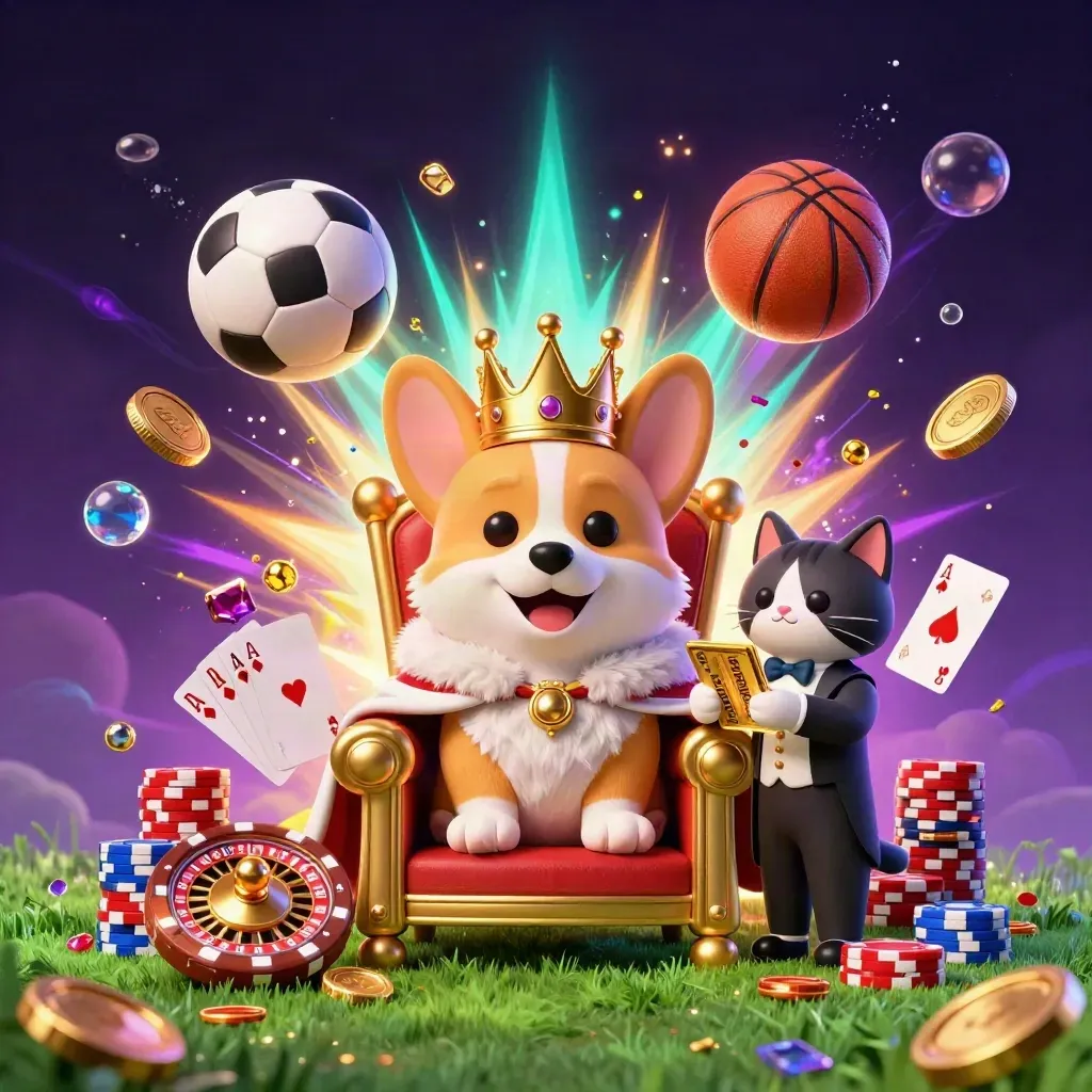 Crowned corgi and cat butler amid casino chips, coins, balls and glowing sports effects.