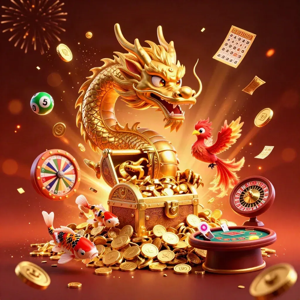 Golden dragon, phoenix, koi, coins and casino props exploding in a fiery treasure scene.