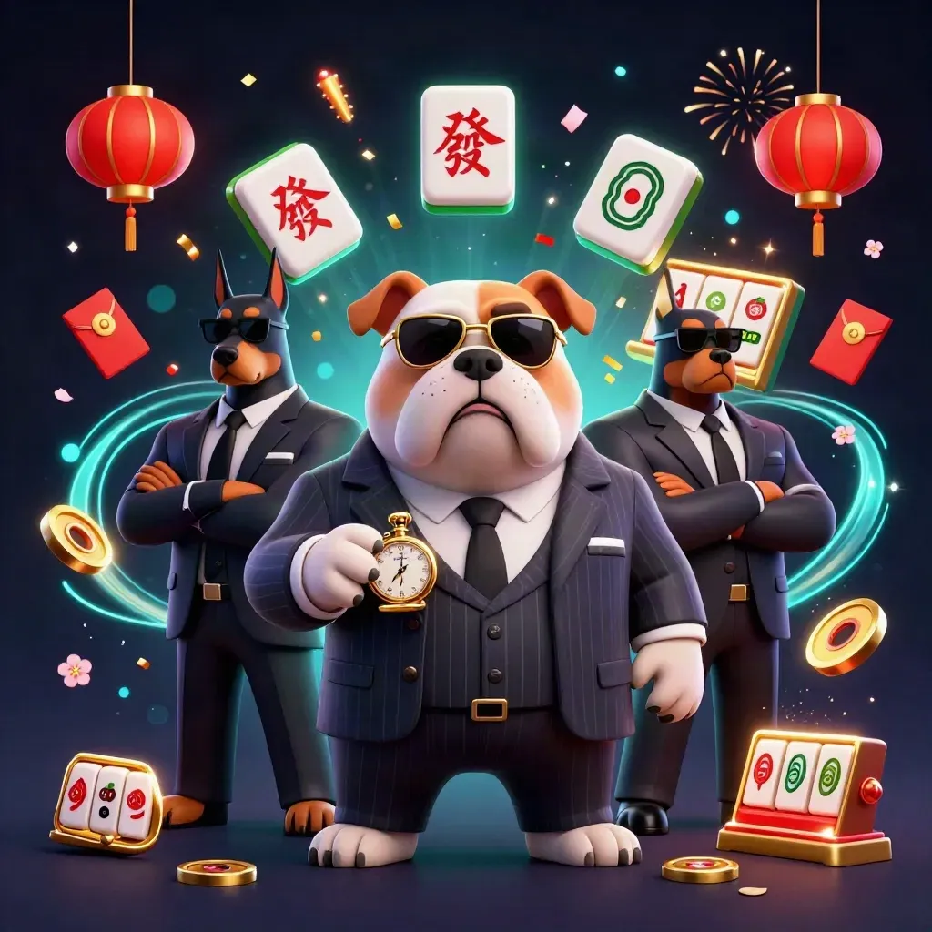 Mafia bulldog and two doberman guards amid casino relics, emerald and gold energy on dark navy.