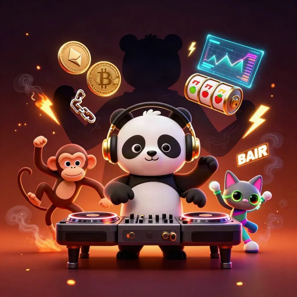 DJ panda, breakdancing monkey, and glow-stick kitten in a casino rave with coins and lightning